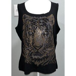 ST. JOHN CAVIAR COLLECTION Black studded tiger image sleeveless top, Size XL